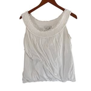 CAbi White Cotton Ruched/Smocked Neck Bubble Hem Sleeveless Top Size S